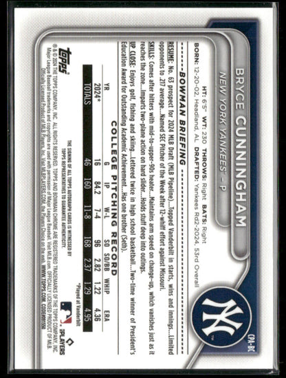 2024 Bowman Draft Bryce Cunningham #CPA-BC Blue Wave Auto 1st Bowman 020/150