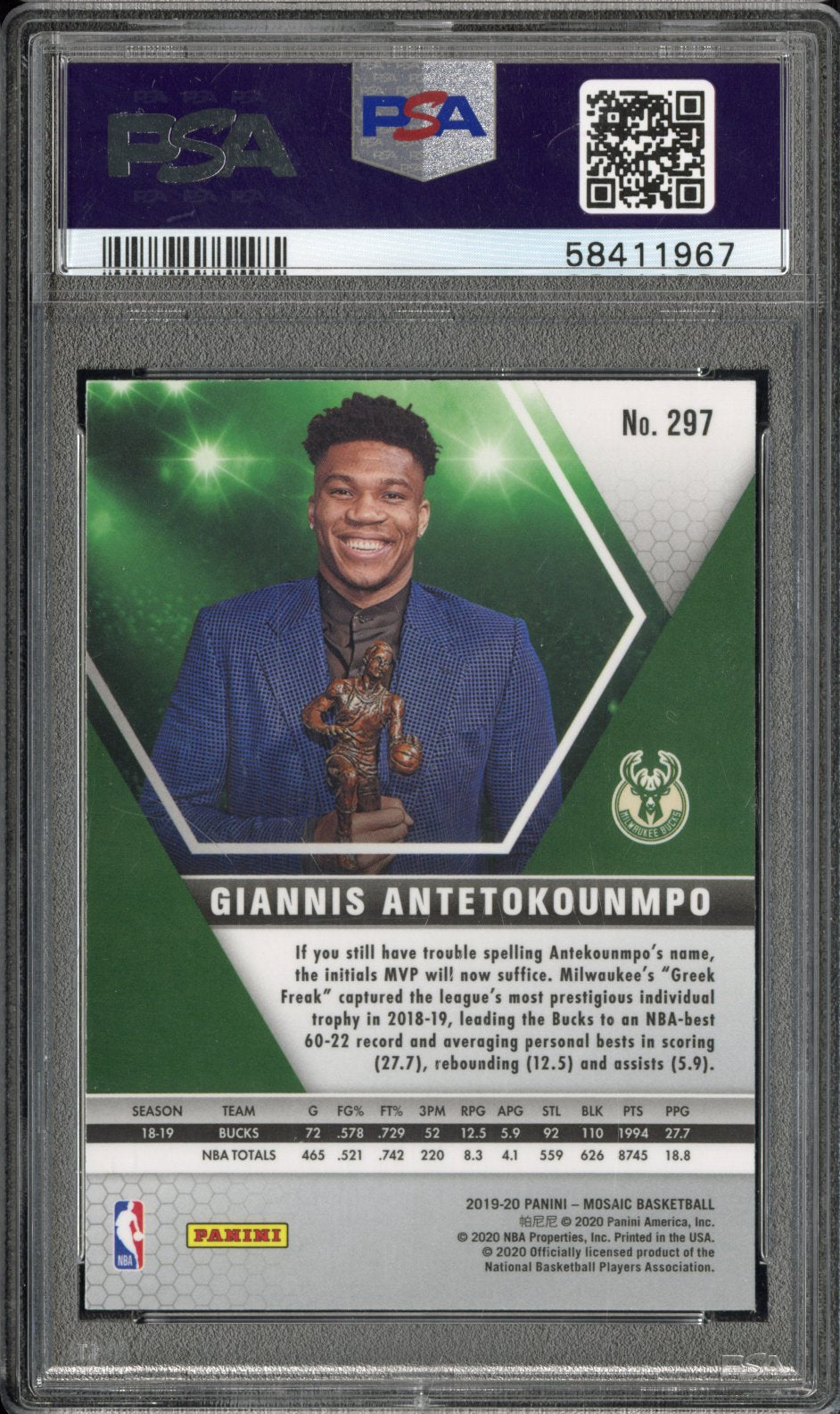 2019 Panini Mosaic G. Antetokounmpo #297 PSA 10