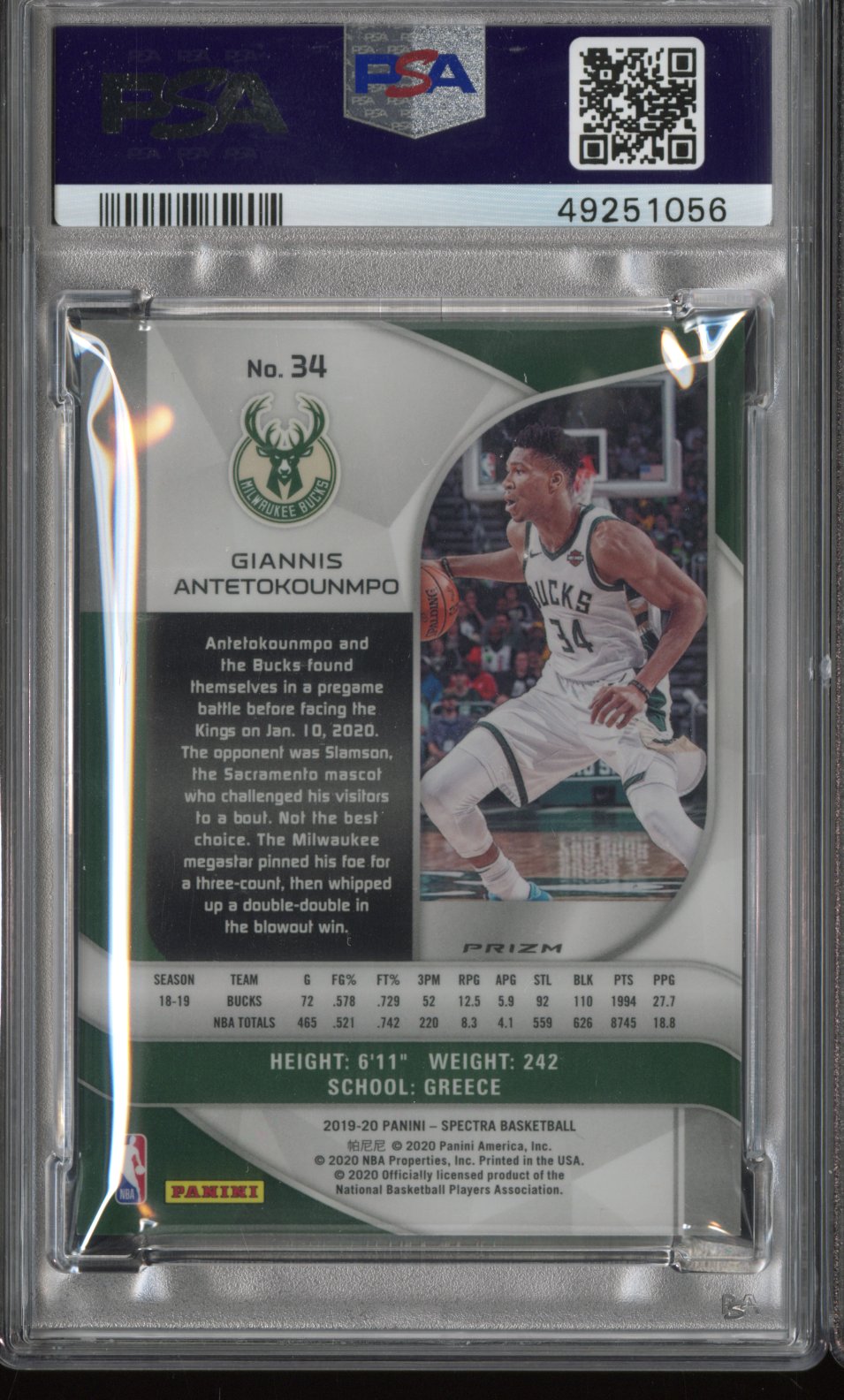 2019 Panini Spectra Giannis Antetokounmpo #34 SP Silver PSA 9