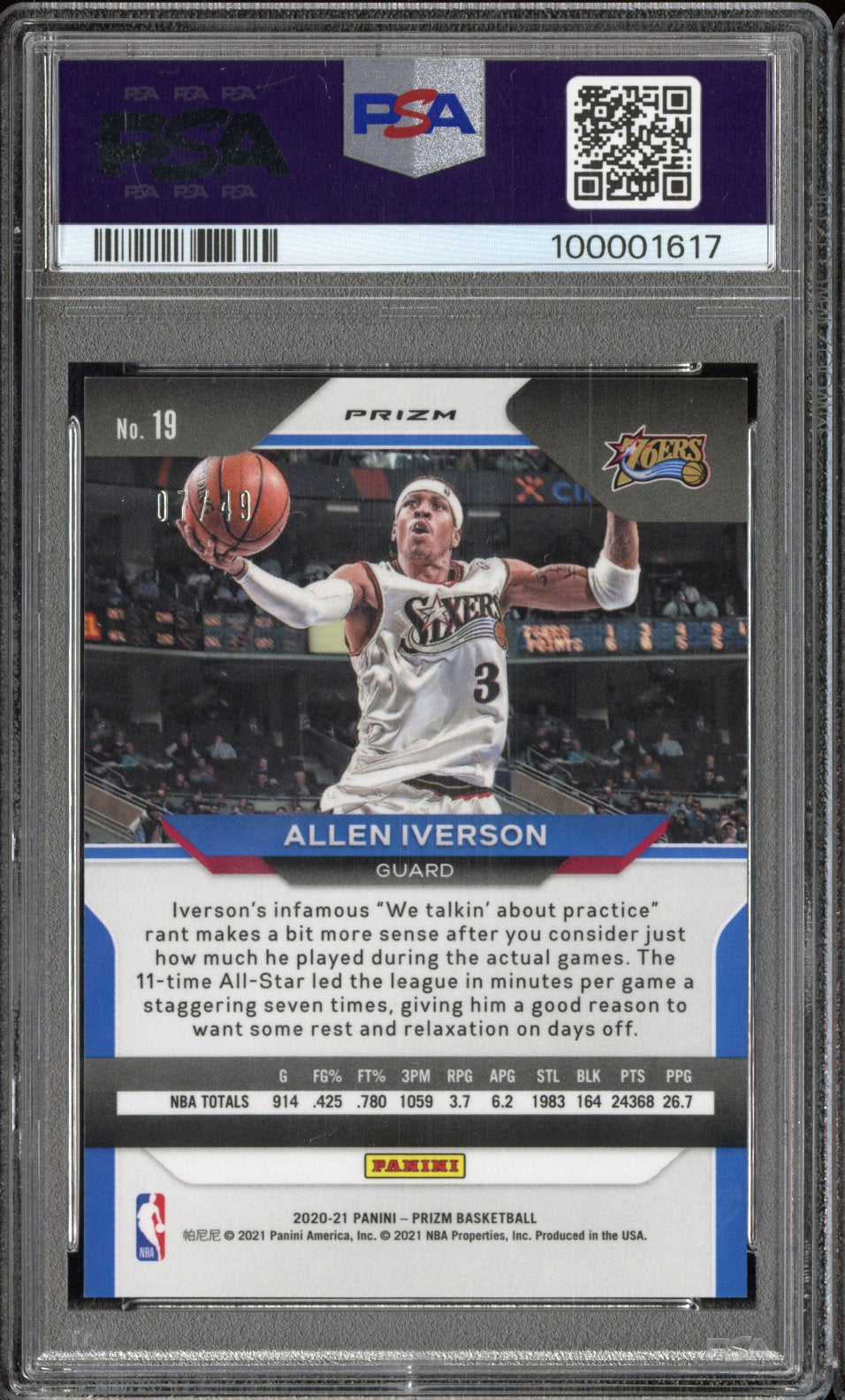 2020 Panini Prizm Allen Iverson #19 Choice Blue /49 PSA 10