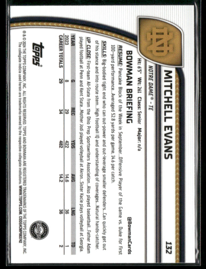 2024 Bowman Chrome University Mitchell Evans #132