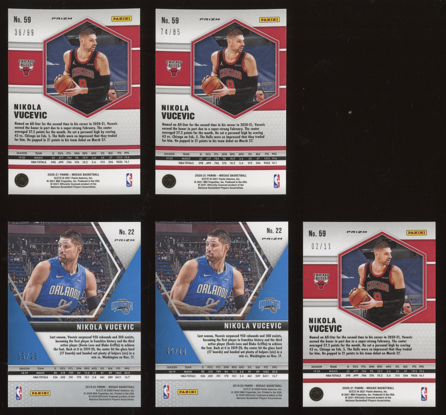 2021 Panini Mosaic Nikola Vucevic /10 + /25 + /11 + /99 +/99 Lot of 5