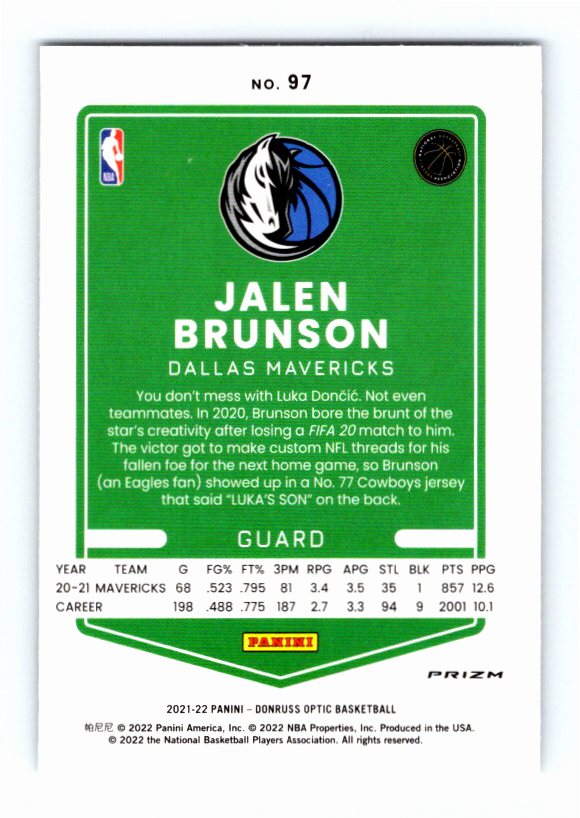 2021-22 Panini Donruss Optic Jalen Brunson #97 Silver Prizm