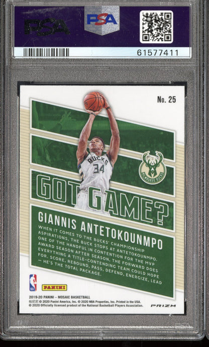 2019-20 Panini Mosaic G. Antetokounmpo #25 Got Game? Green Mosaic PSA 10