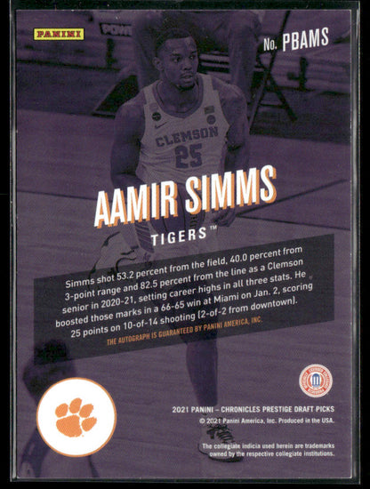 2021-22 Panini Chronicles Draft Picks Aamir Simms #PBAMS Prestige Autograph