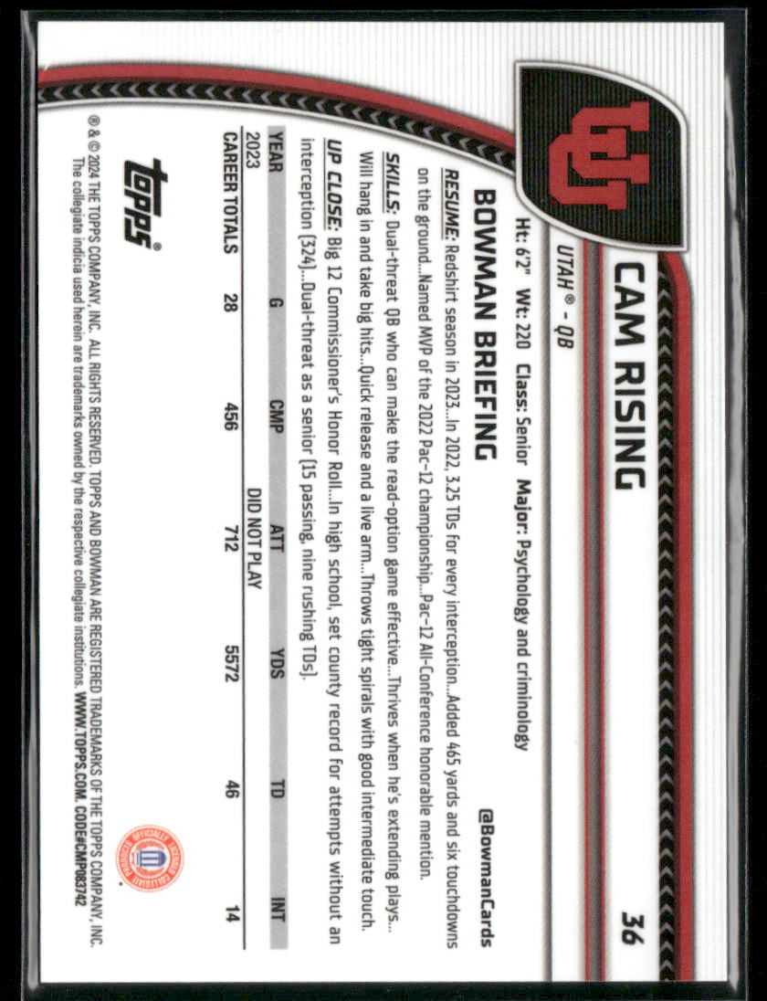 2024 Bowman Chrome University Cam Rising #36 Aqua 213/299