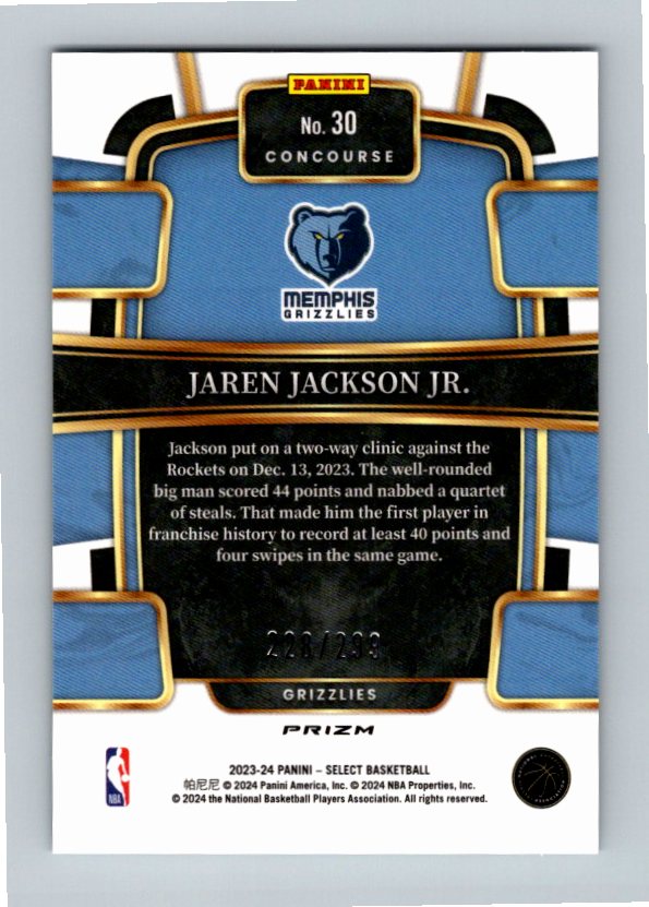 2023 Panini Select Jaren Jackson Jr. #30 Light Blue Prizm 228/293