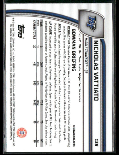 2024 Bowman Chrome University Nicholas Vattiato #138