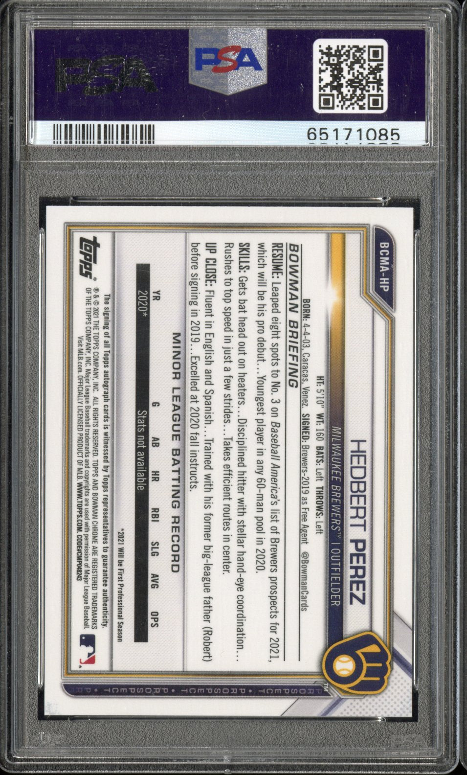 2021 Bowman Chrome Mega Box Autographs Hedbert Perez #HP Autographs PSA 10