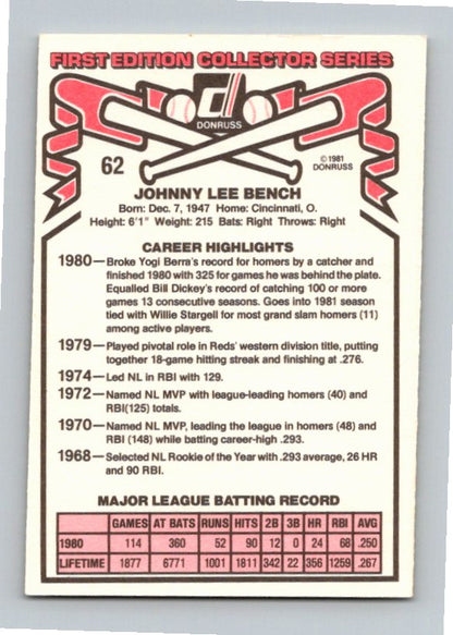 1981 Donruss Johnny Bench #62