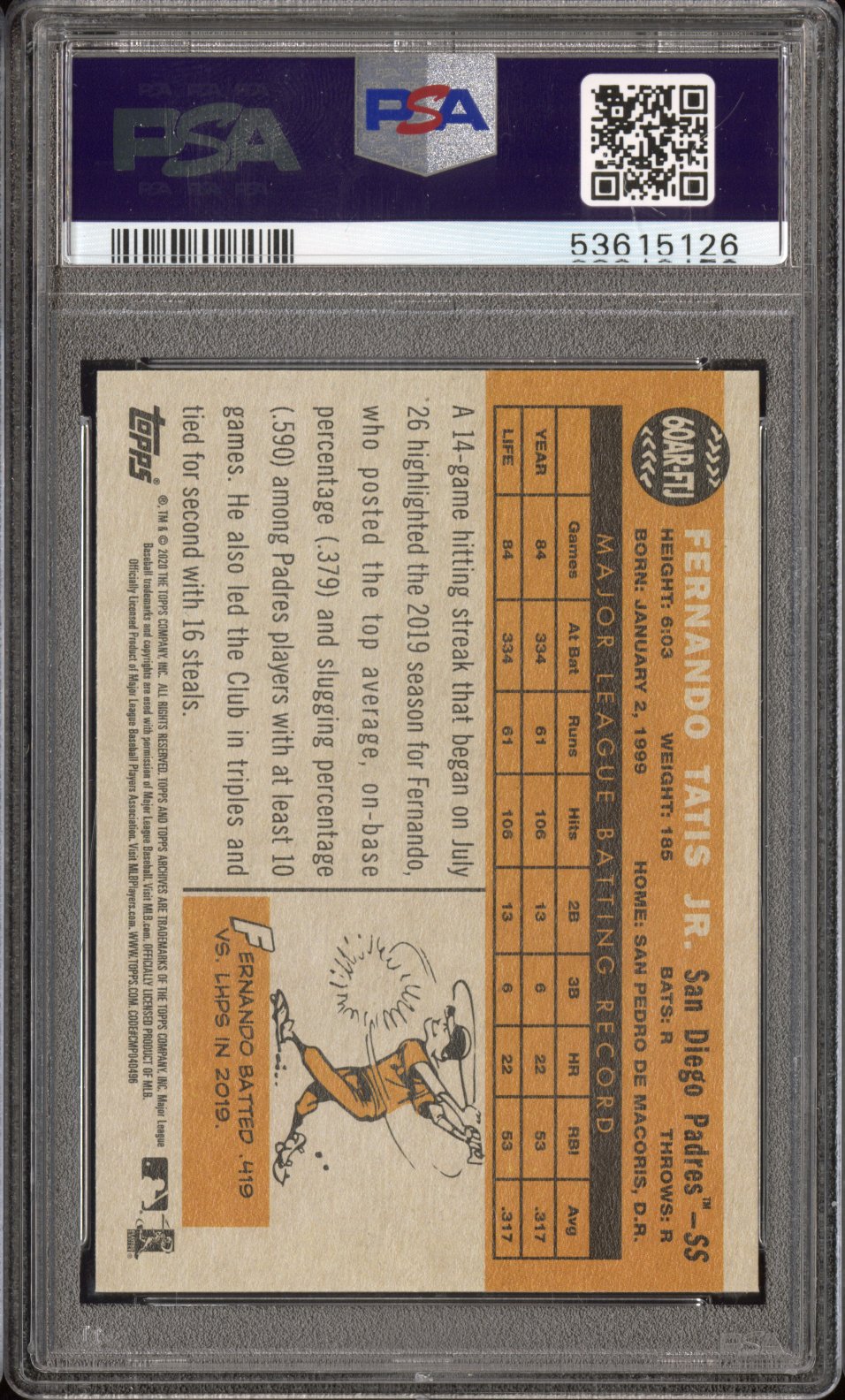 2020 Topps Archives 1960 All-Star Rookies Fernando Tatis JR. #60ARFTJ PSA 10