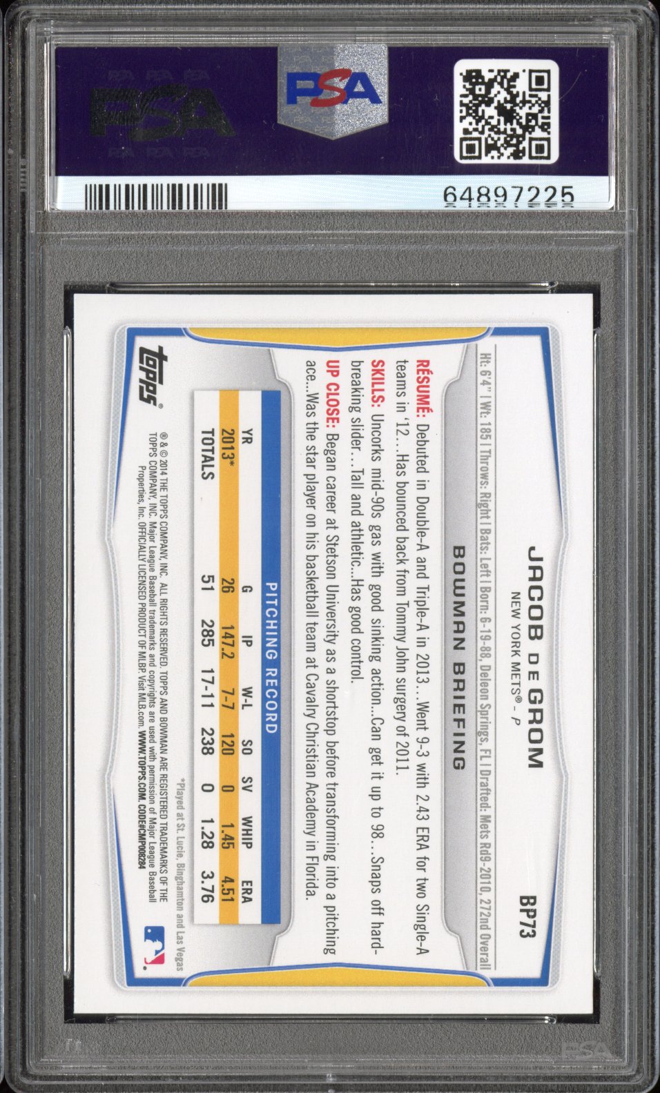 2014 Bowman Prospects Jacob Degrom #BP73 PSA 9