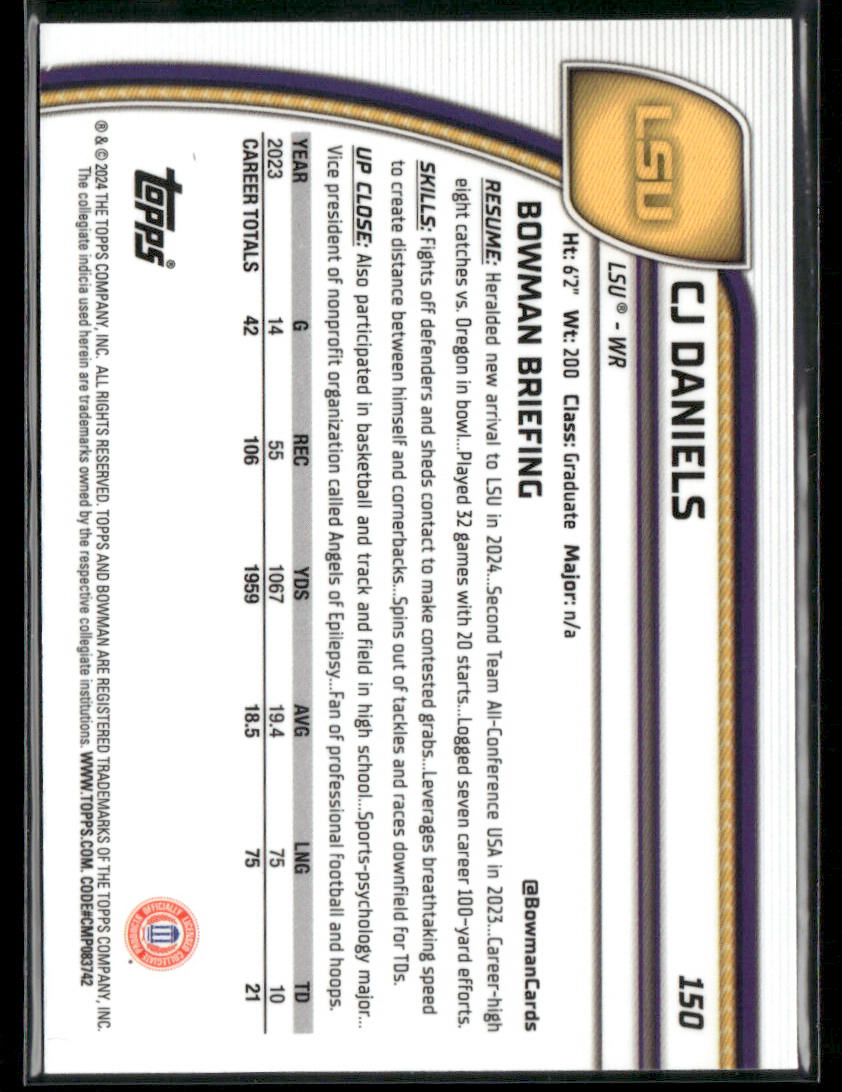 2024 Bowman Chrome University CJ Daniels #150 Teal Lava