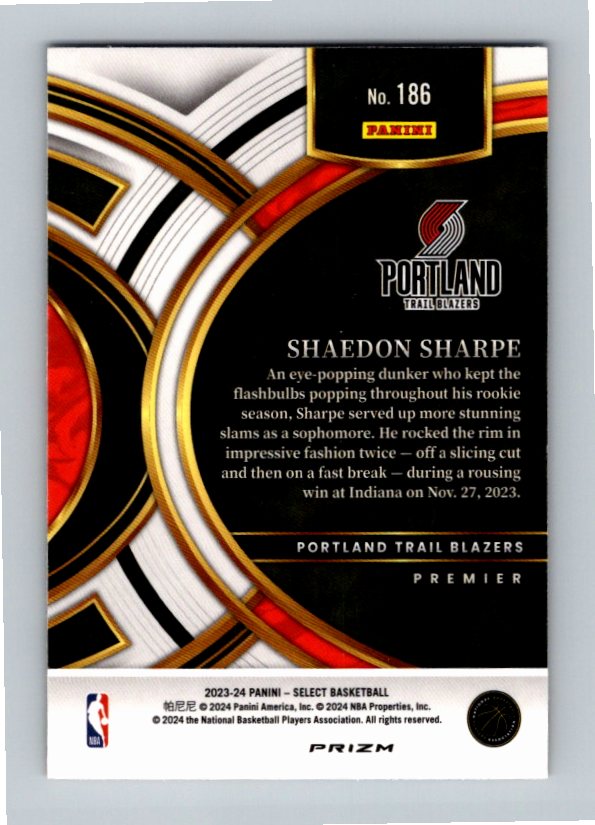 2023-24 Panini Select Shaedon Sharpe #186 Tri-Color Prizm Premier