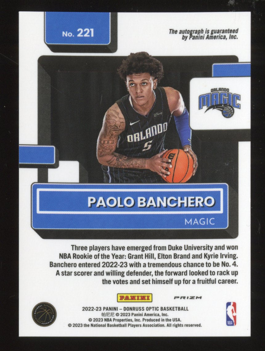 2022-23 Donruss Optic Paolo Banchero #221 Purple Prizm Rated Rookie Autographed