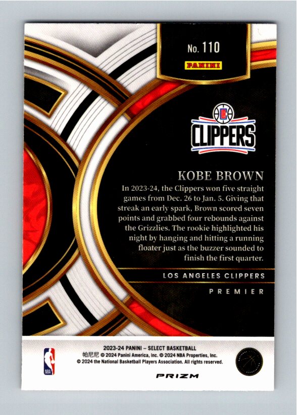 2023-24 Panini Select Kobe Brown #110 Tri-Color Premier Level RC