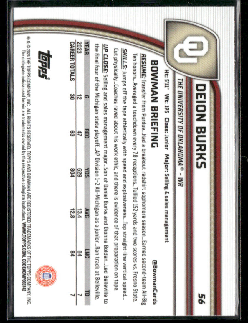 2024 Bowman Chrome University Deion Burks #56