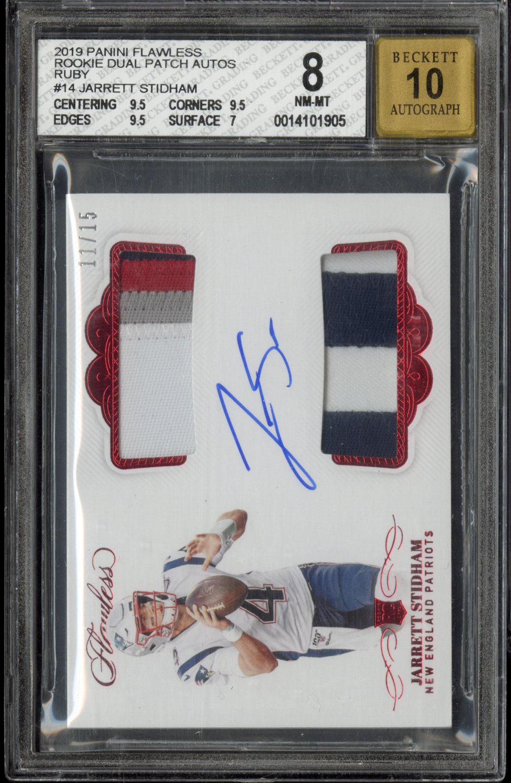 2019 Panini Flawless Jarrett Stidham #14 Rookie Dual Patch Auto Ruby /15 BGS 8