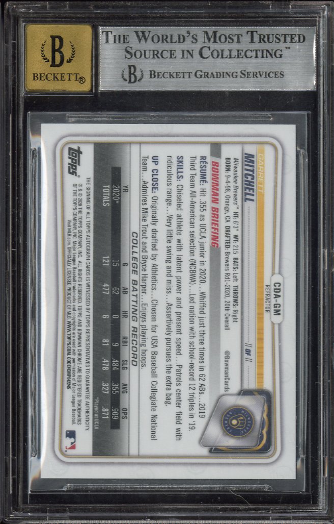 2020 Bowman Chrome Draft Autographs Refractors Garrett Mitchell #CDAGM BGS 9