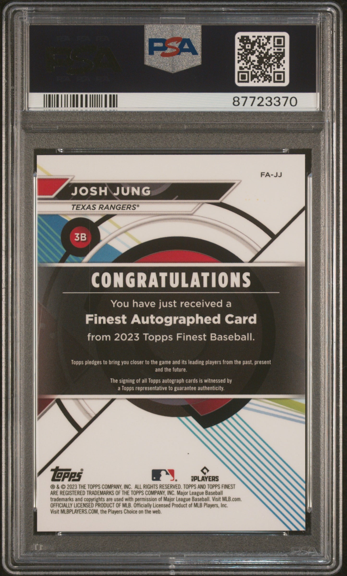 2023 Topps Finest Josh Jung #JJ Autograph Green /99 PSA 10