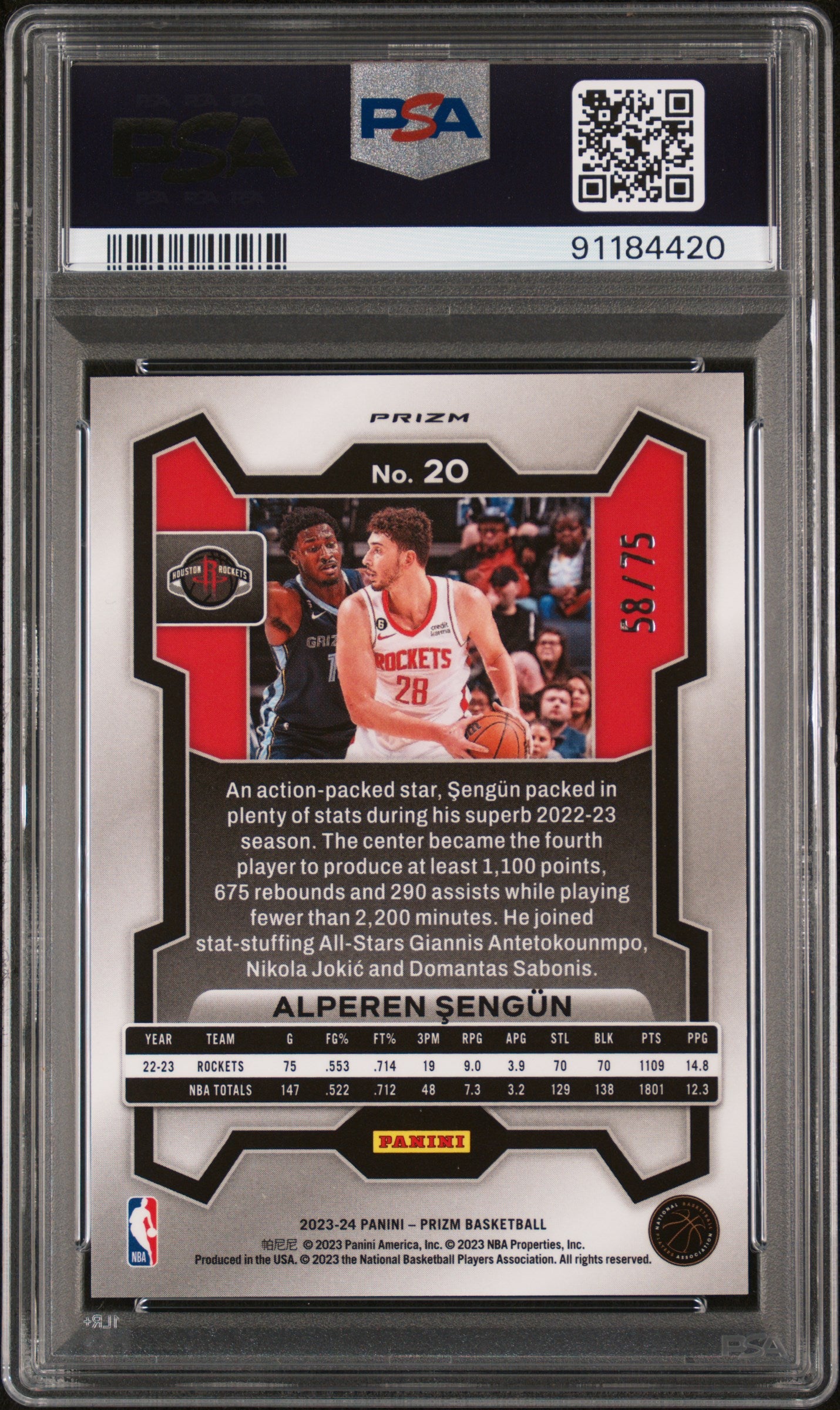 2023 Panini Prizm Alperen Sengun #20 Red Power /75 PSA 10