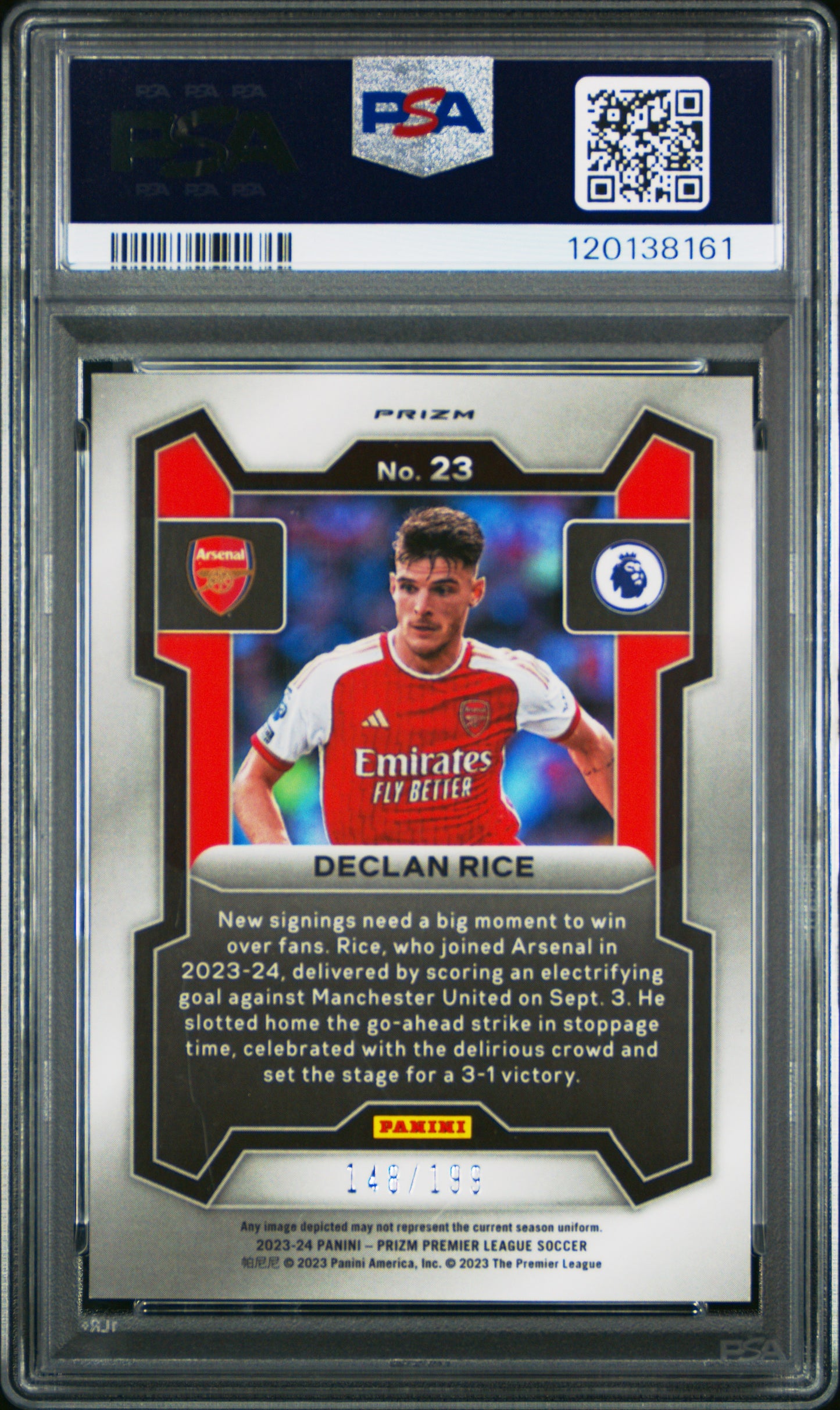 2023-24 Panini Prizm Premier League Declan Rice #23 Red Prizm 148/199 PSA 9