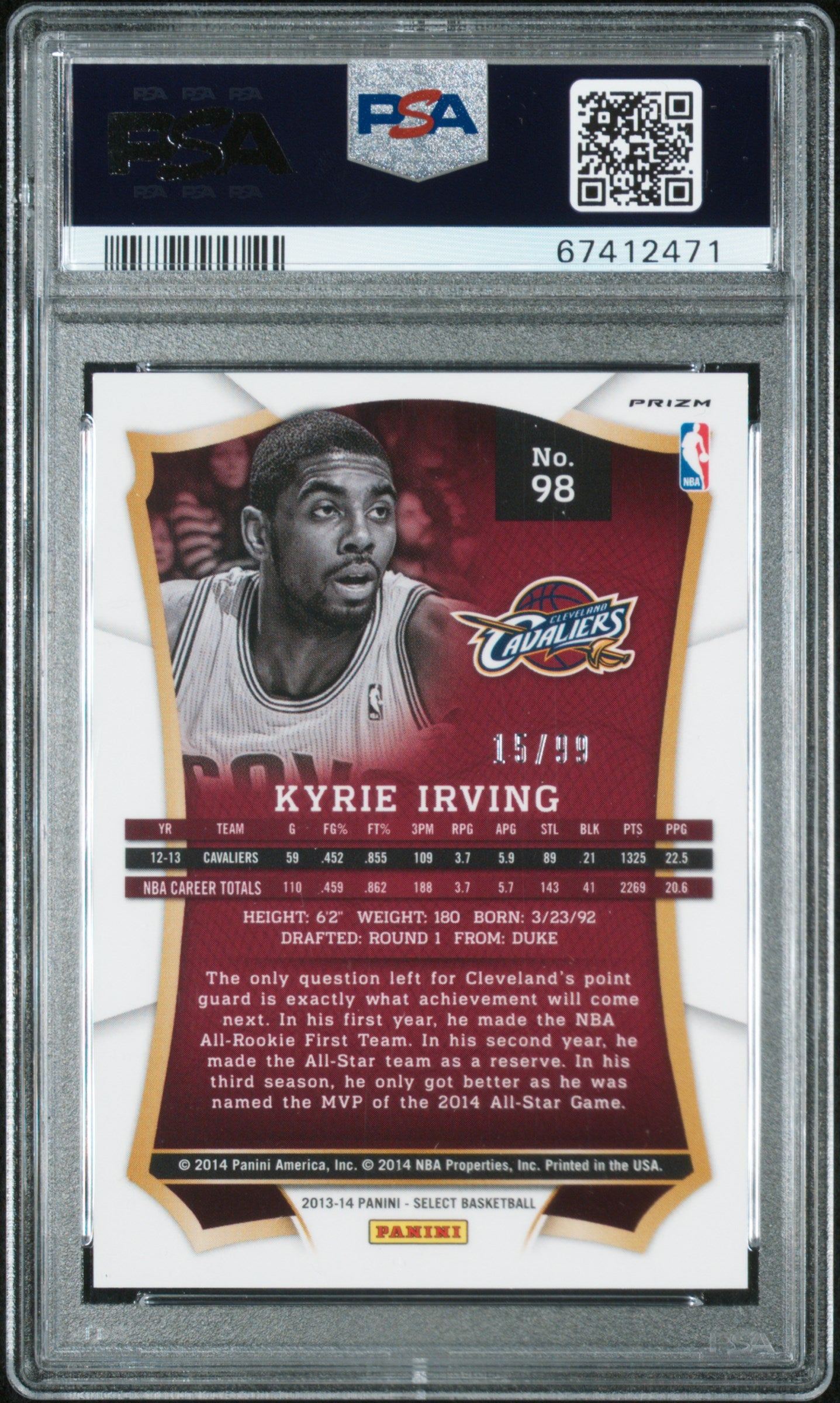 2013 Panini Select Kyrie Irving #98 Purple Prizm /99 PSA 10