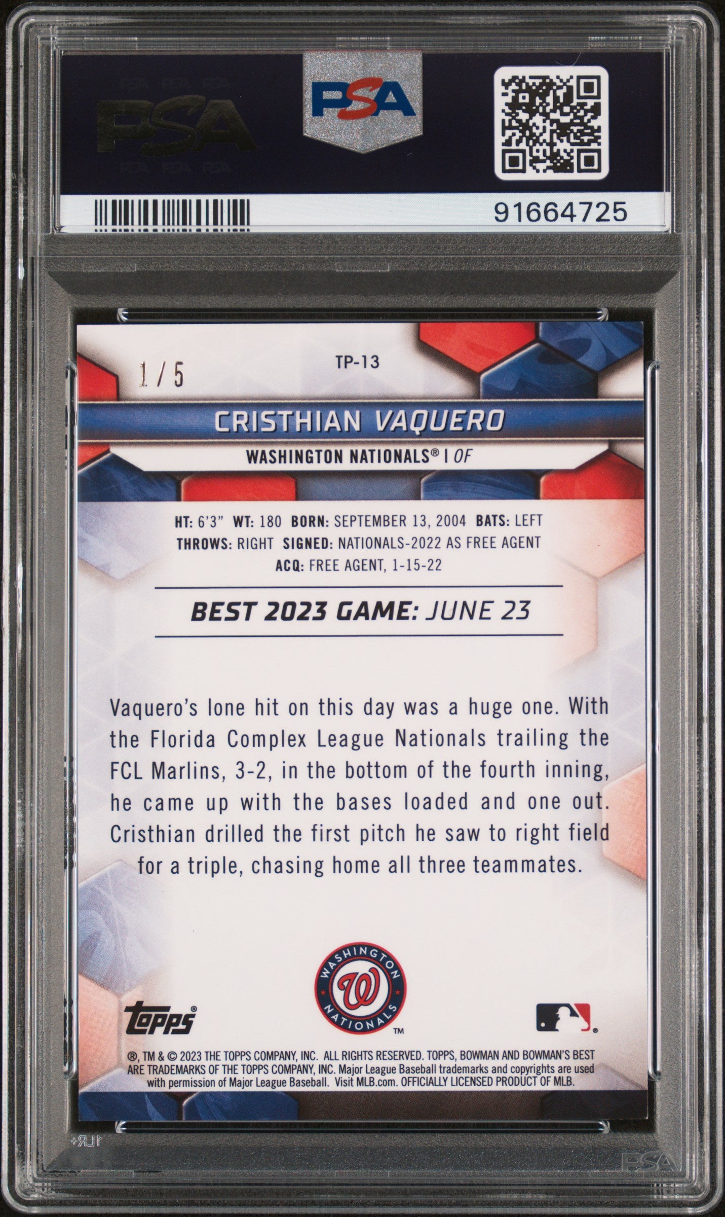 2023 Bowman's Best Top Prospects Cristhian Vaquero #TP13 Red Lava PSA 9