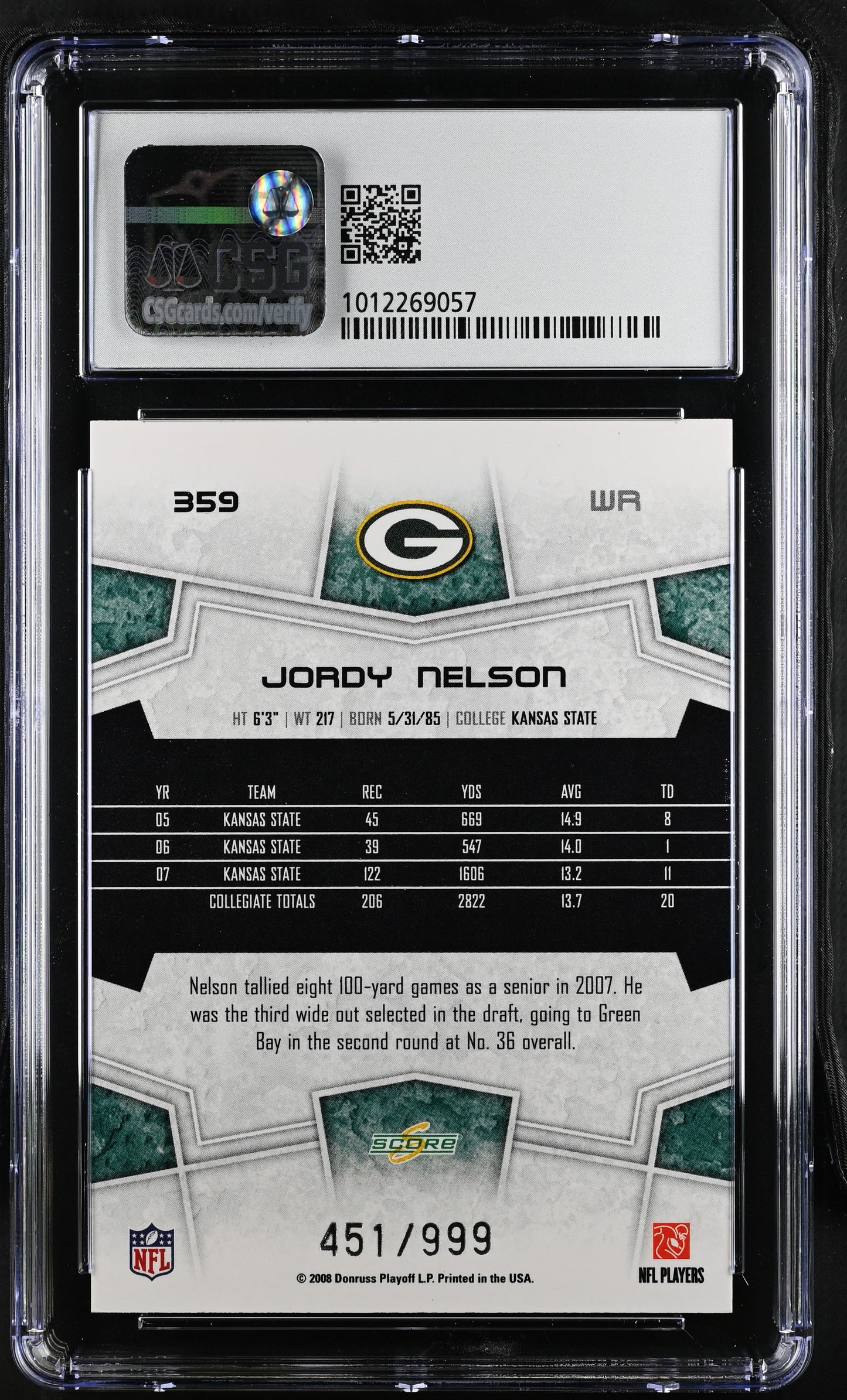 2008 Select Jordy Nelson #359 /999 CGC 10