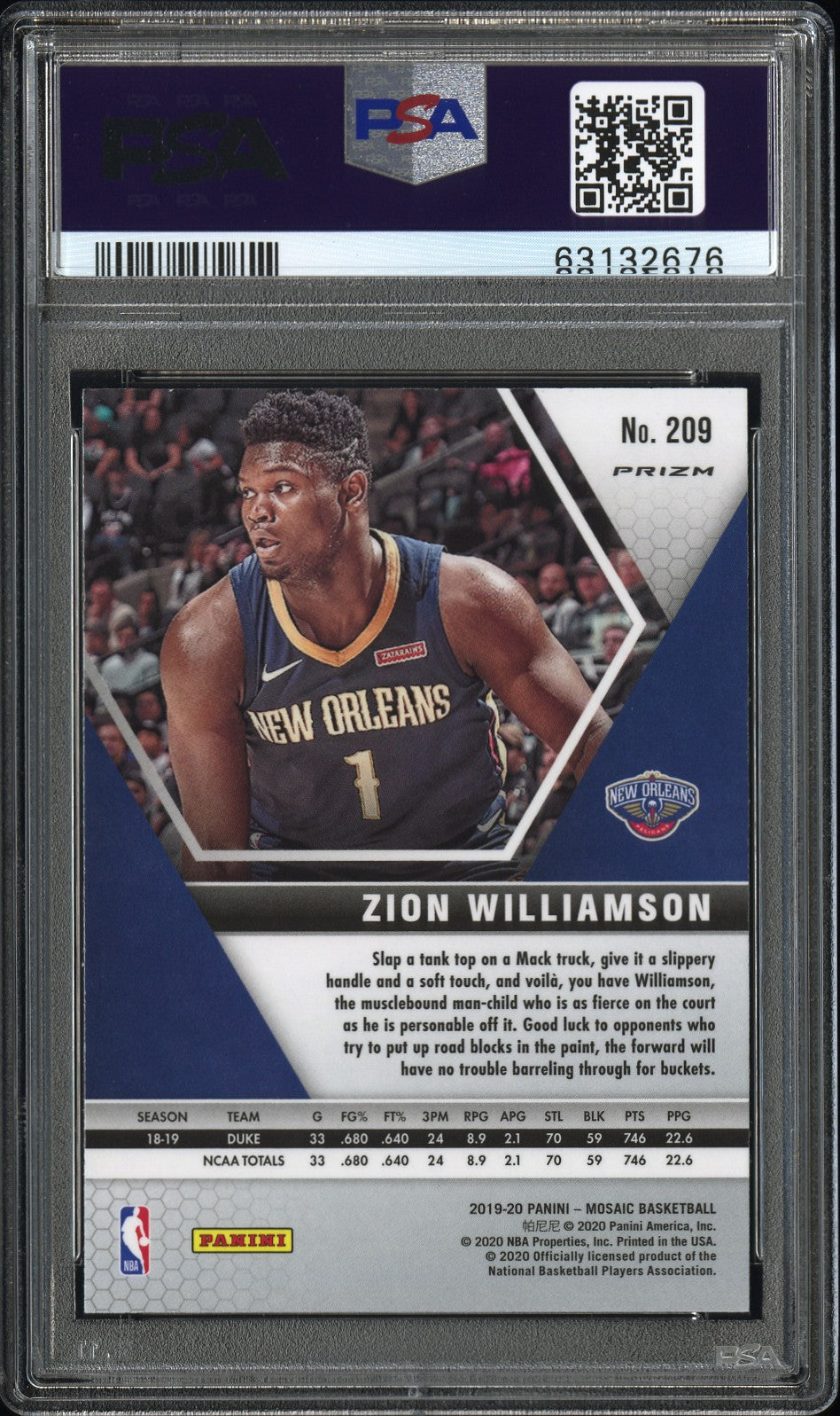 2019 Panini Mosaic Zion Williamson #209 Genesis PSA 9