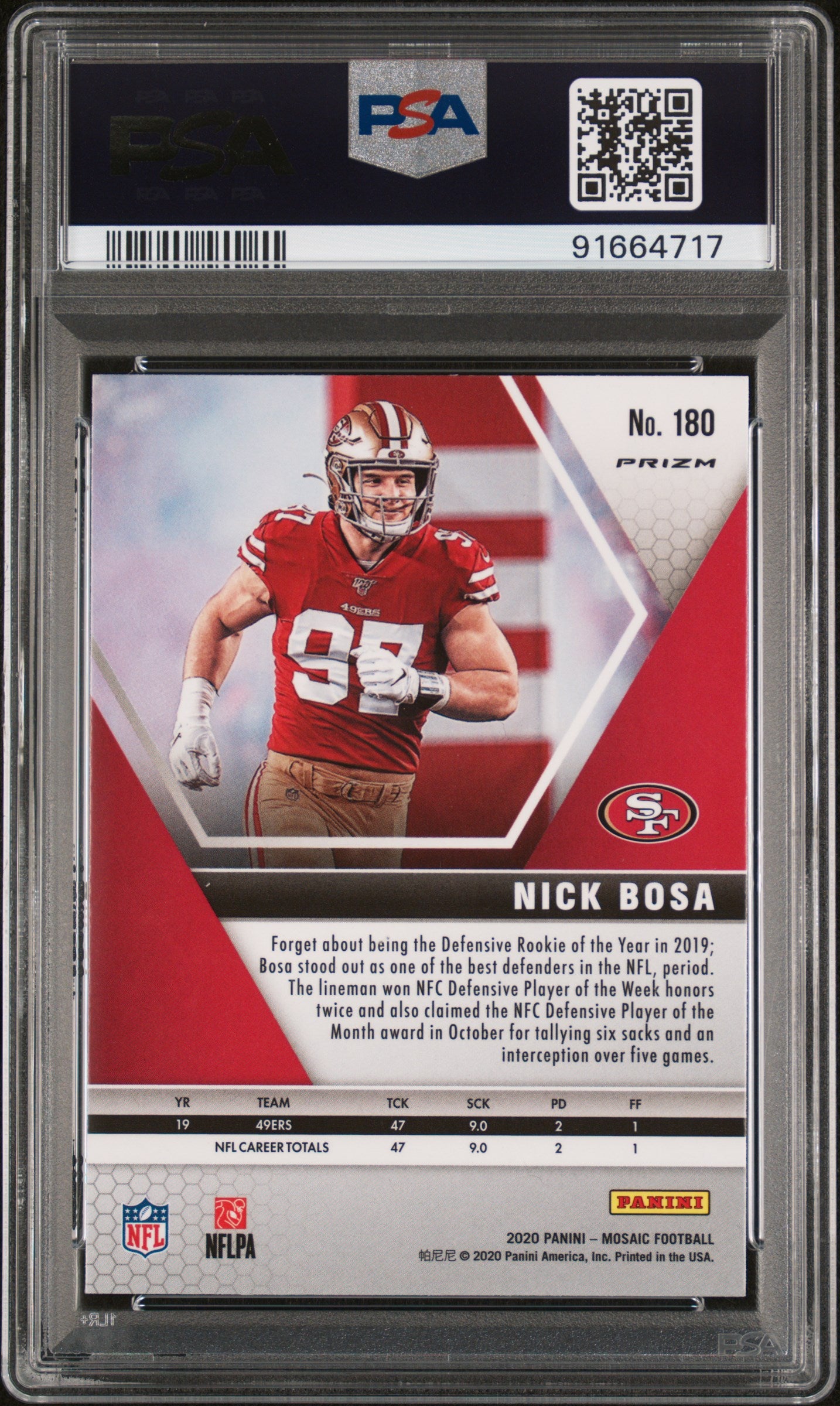 2020 Panini Mosaic Nick Bosa #180 No Huddle Silver PSA 10