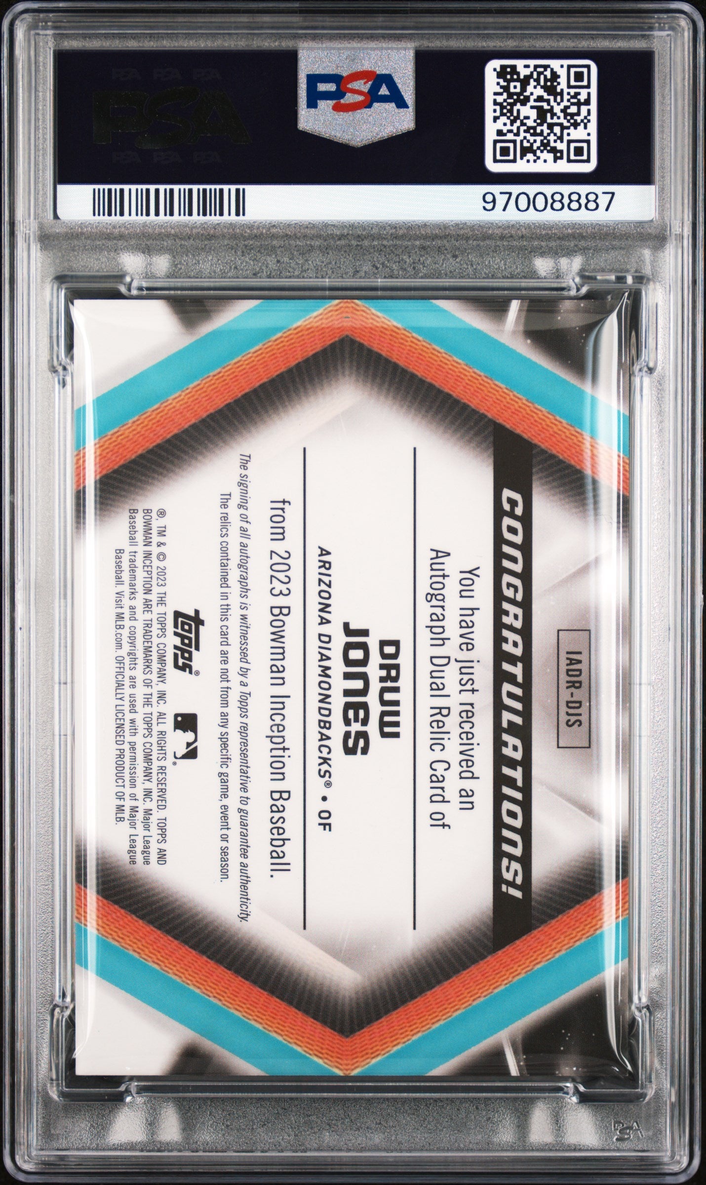 2023 Bowman Inception Druw Jones #IADRDJS Autograph Dual Relics 10/75 PSA 9