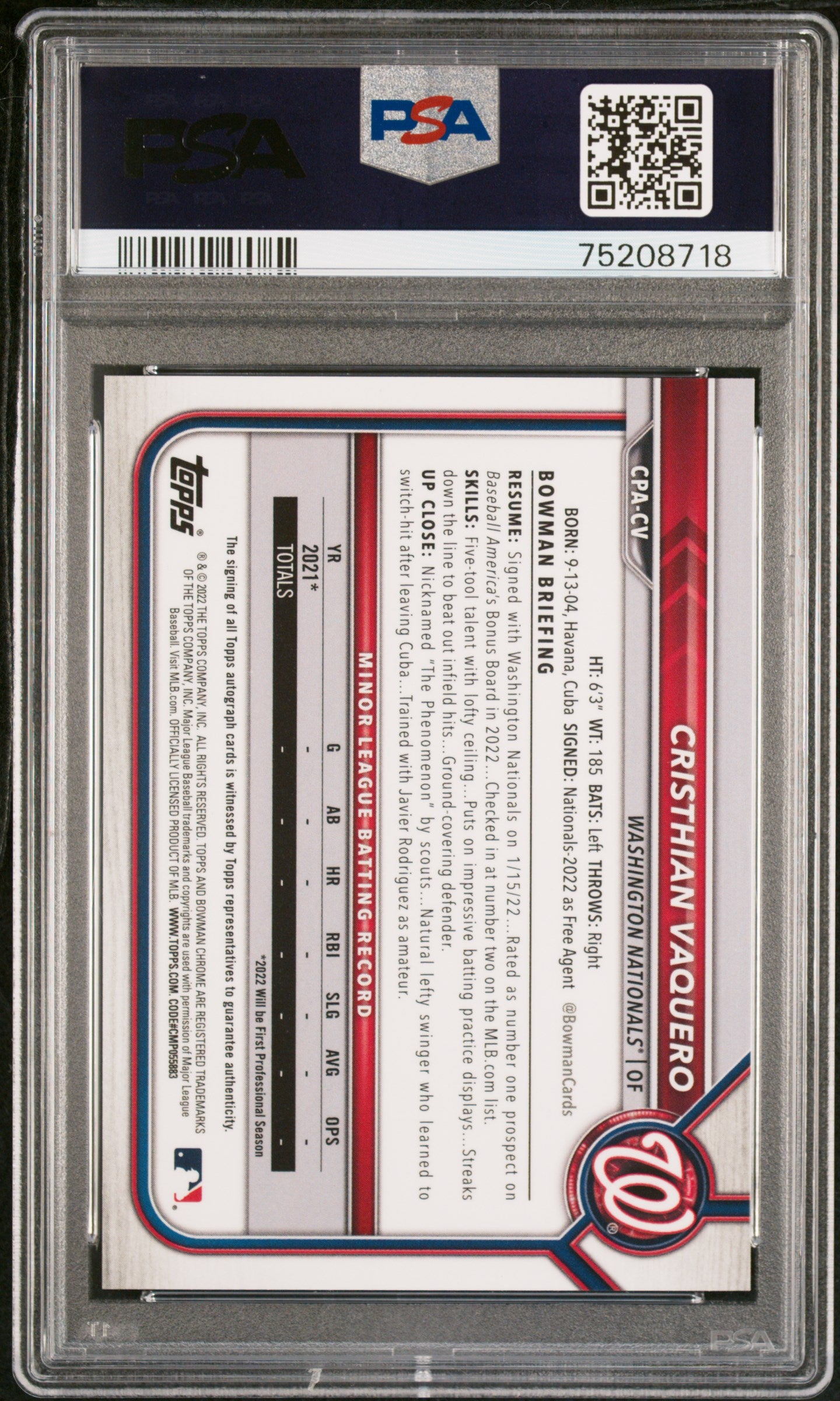 2022 Bowman Chrome Cristhian Vaquero #CPACV Prospect Auto 1st Bowman PSA 10