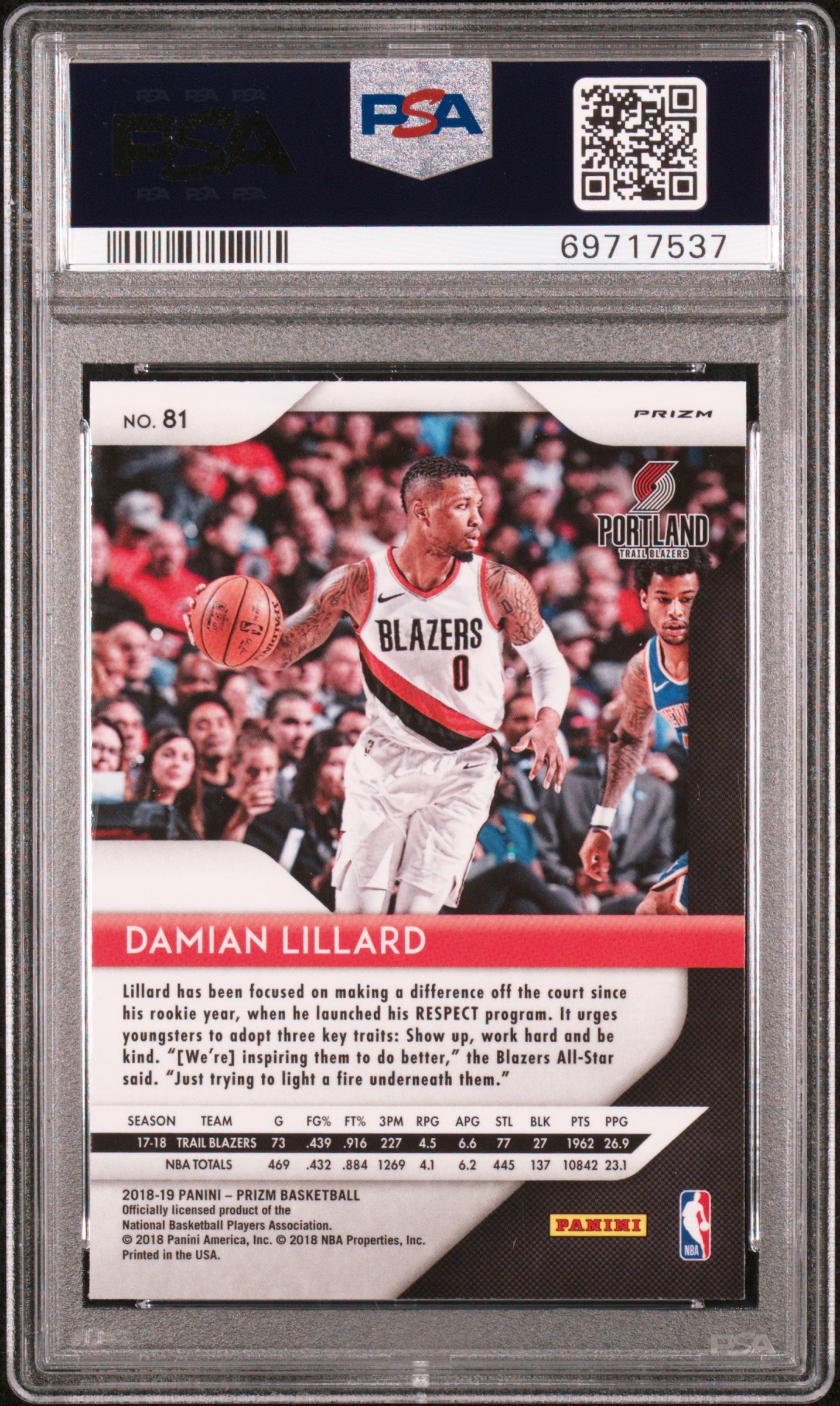 2018 Panini Prizm Damian Lillard #81 Silver Prizm PSA 10