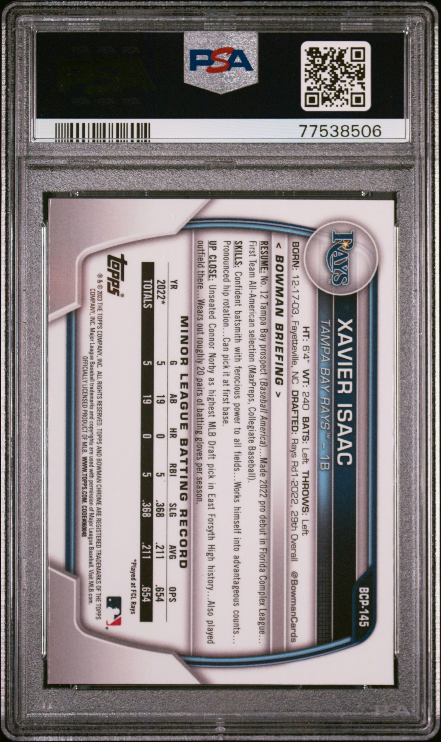 2023 Bowman Sapphire Edition Chrome Prospects Xavier Isaac #BCP145 PSA 10