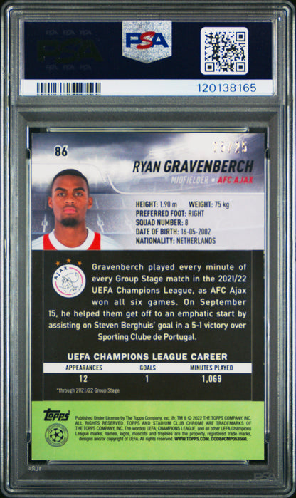 2021-22 Topps Stadium Club UEFA Ryan Gravenberch #86 Orange Wave 25/25 PSA 9