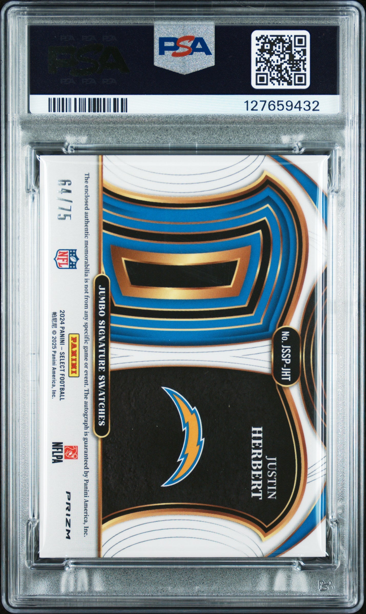 2024 Panini Select Jumbo Swatch Auto Justin Herbert White Prizm 64/75 PSA 9