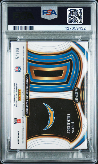2024 Panini Select Jumbo Swatch Auto Justin Herbert White Prizm 64/75 PSA 9