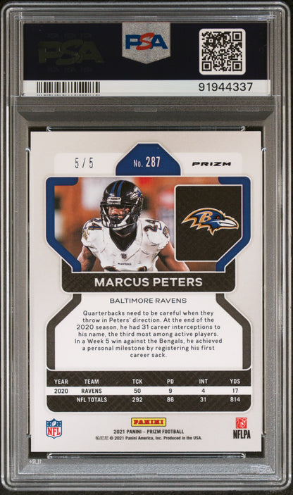 2021 Panini Prizm Marcus Peters #287 No Huddle Neon Green /5 PSA 9