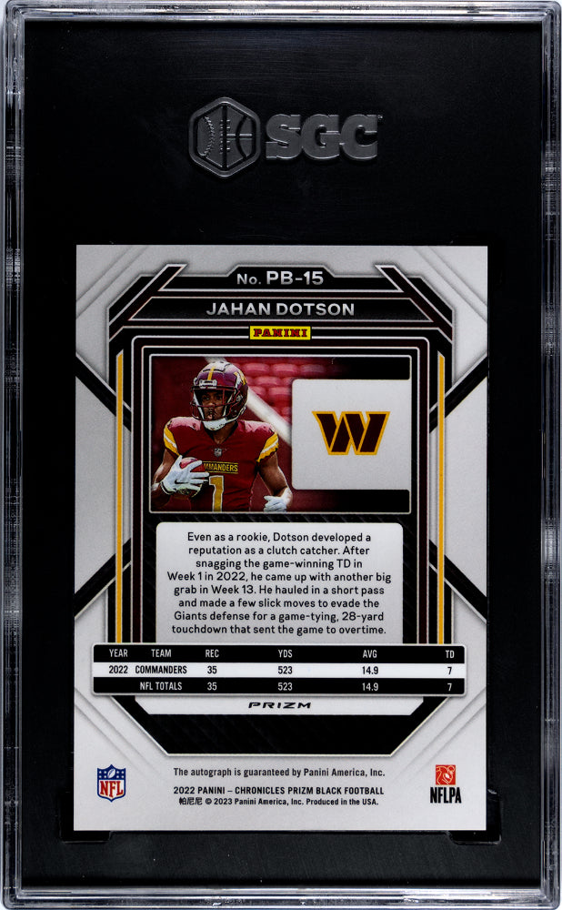 2022 Panini Chronicles Jahan Dotson #PB-15 Prizm Black Autograph SGC 10