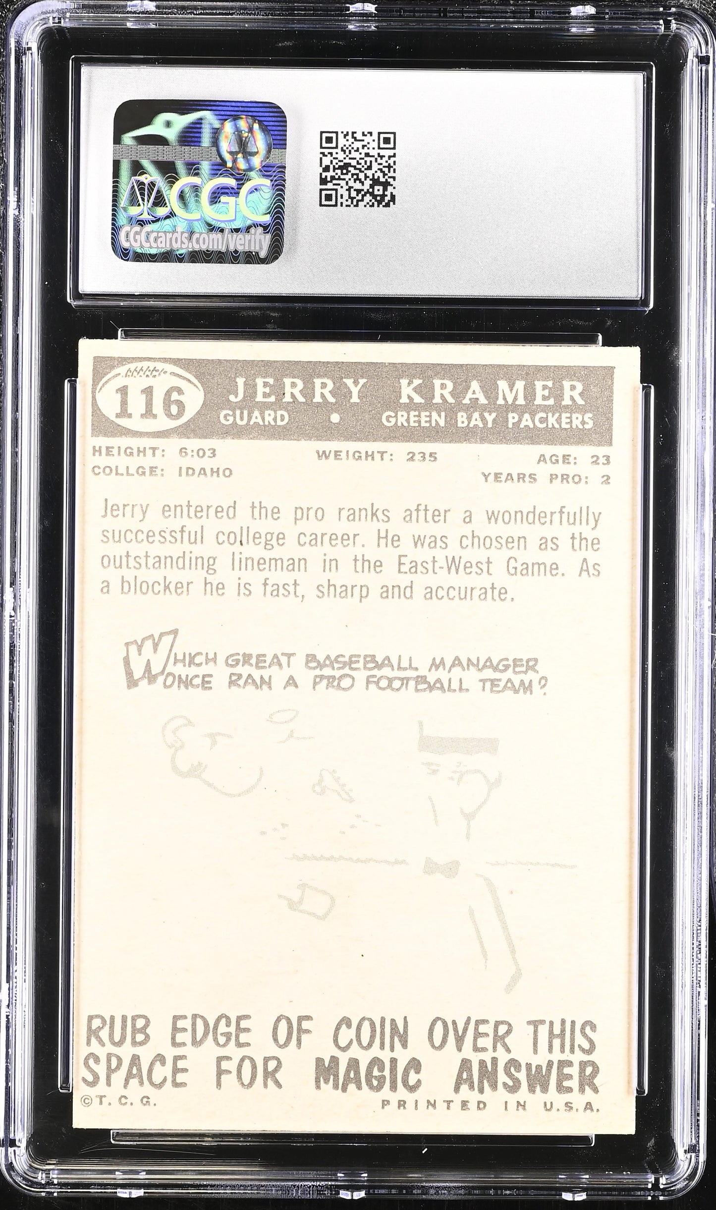 1959 Topps Jerry Kramer #116 RC Rookie CGC 6