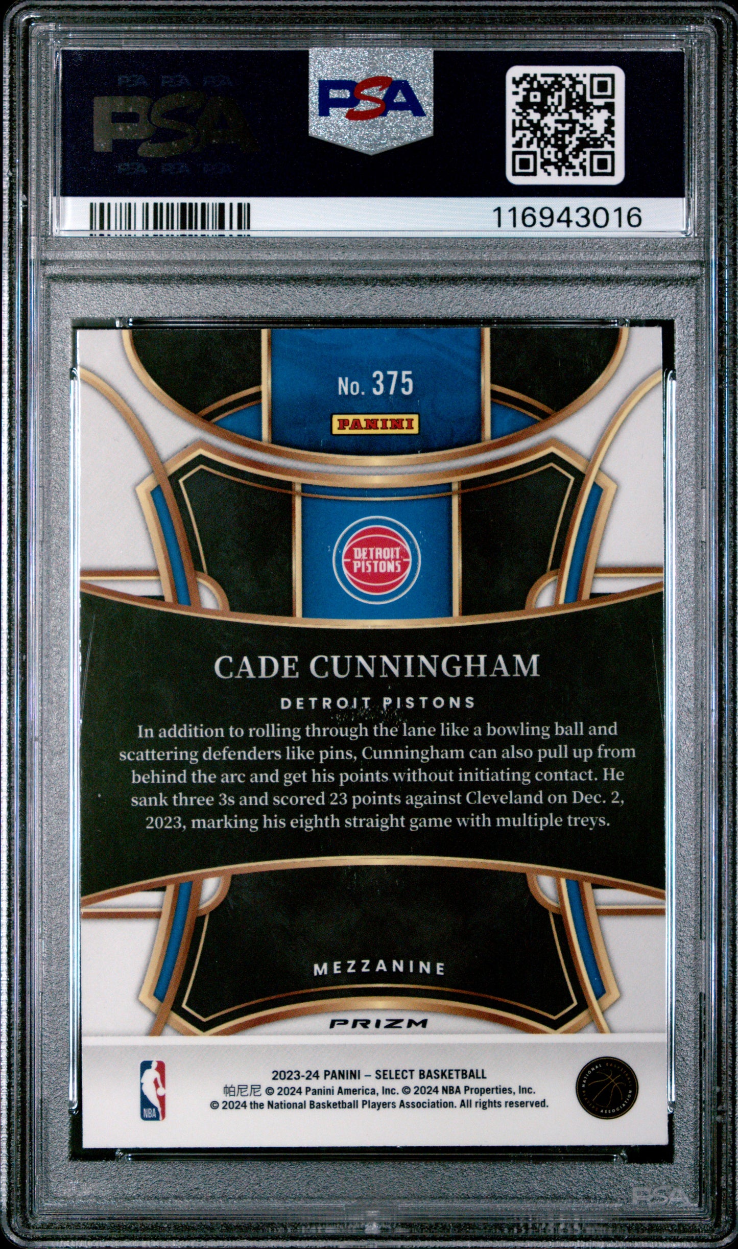 2023-24 Panini Select Mezzanine Cade Cunningham #375 Tiger Prizm SSP PSA 10 (JC)