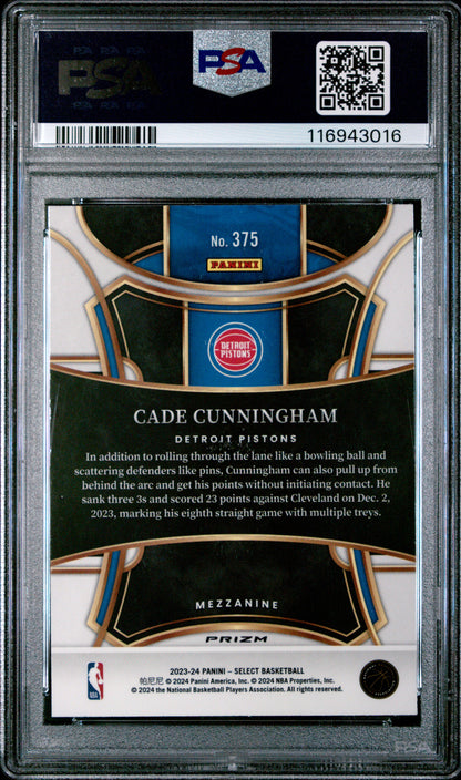 2023-24 Panini Select Mezzanine Cade Cunningham #375 Tiger Prizm SSP PSA 10 (JC)