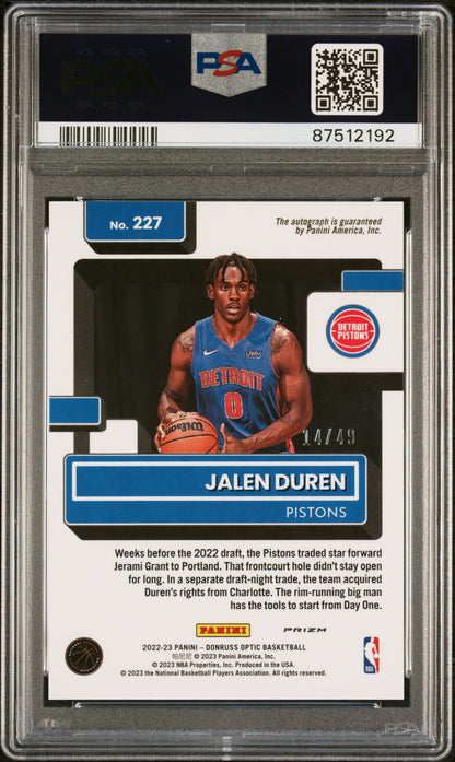 2022 Panini Donruss Optic Jalen Duren #227 Signature Blue /49 PSA 9