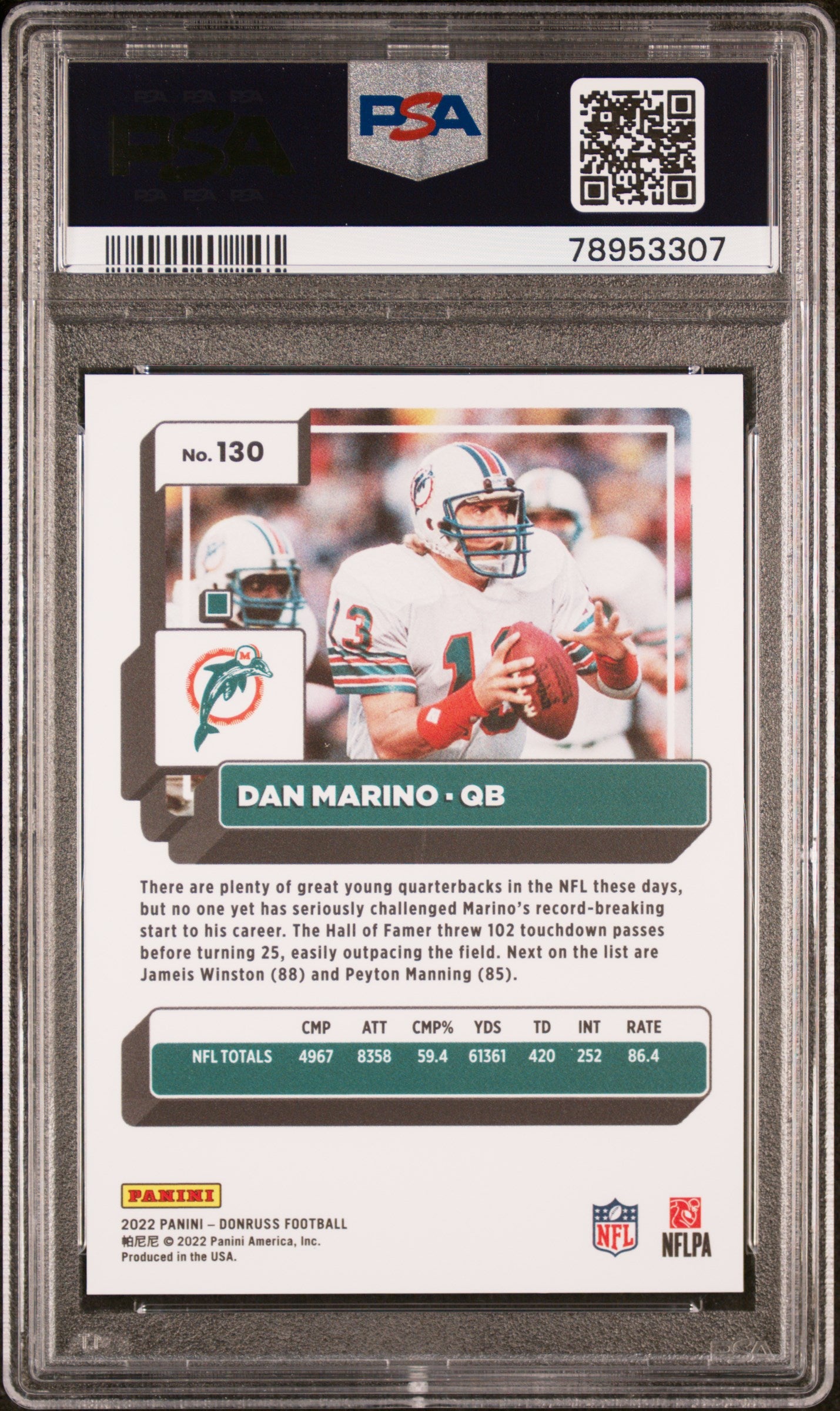 2022 Panini Donruss Dan Marino #130 Press Proof Premium PSA 9