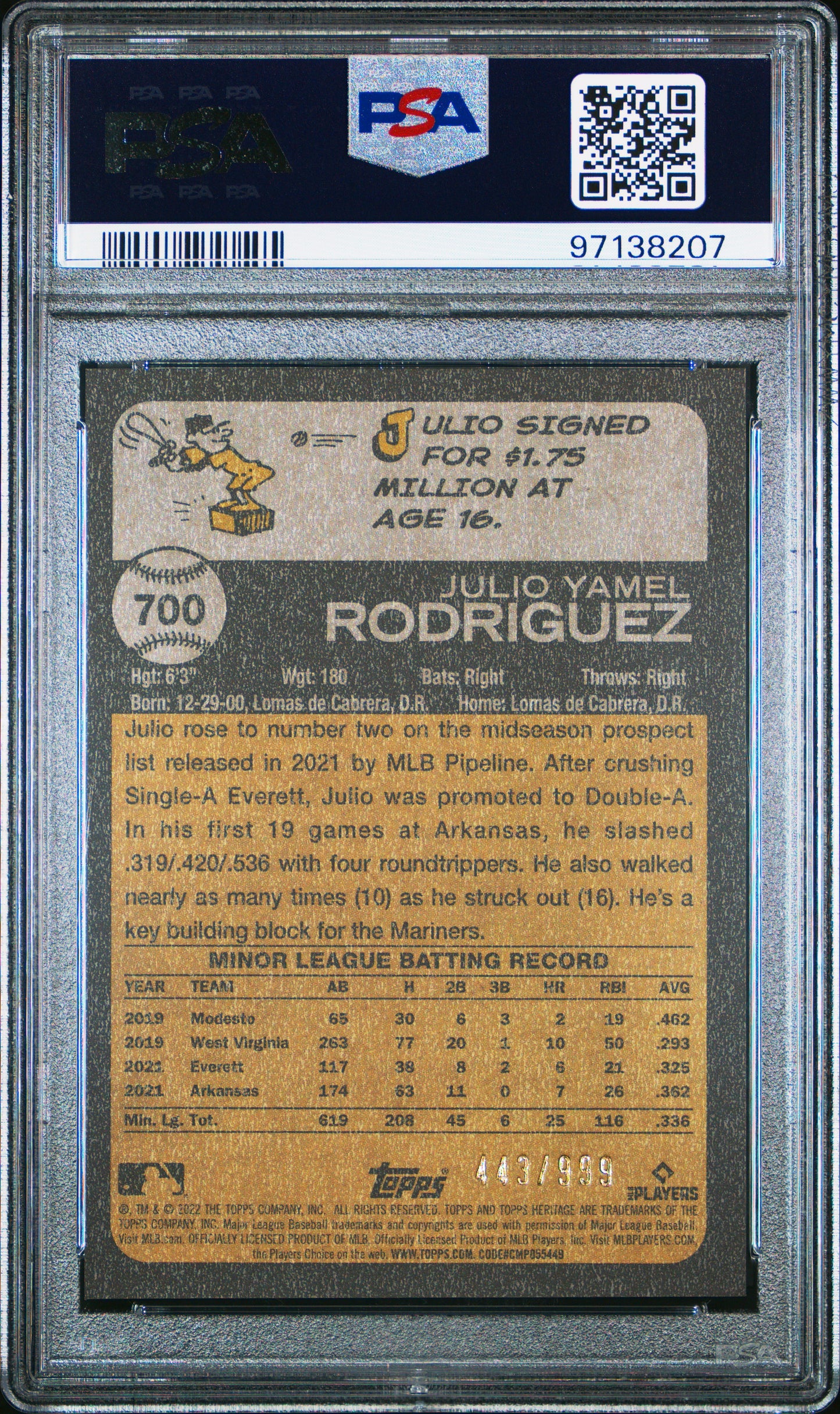 2022 Topps Heritage Julio Rodriguez #700 Chrome /999 PSA 10