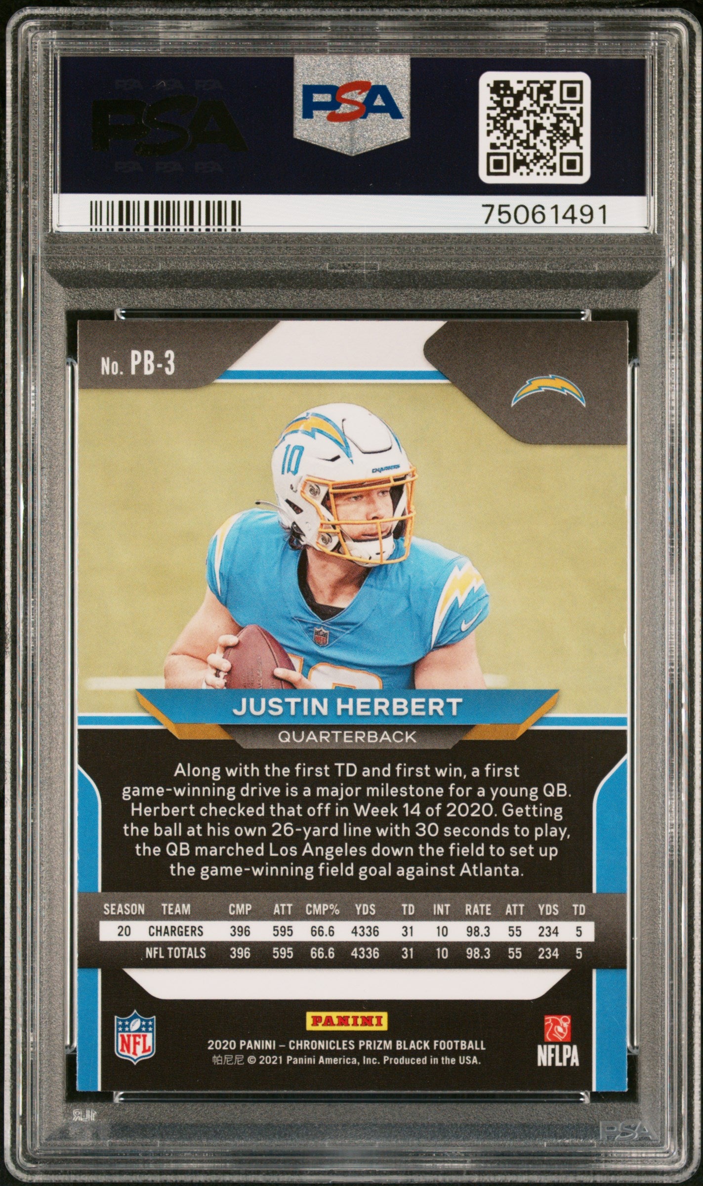 2020 Panini Chronicles Justin Herbert #PB3 Prizm Black Rookie PSA 10