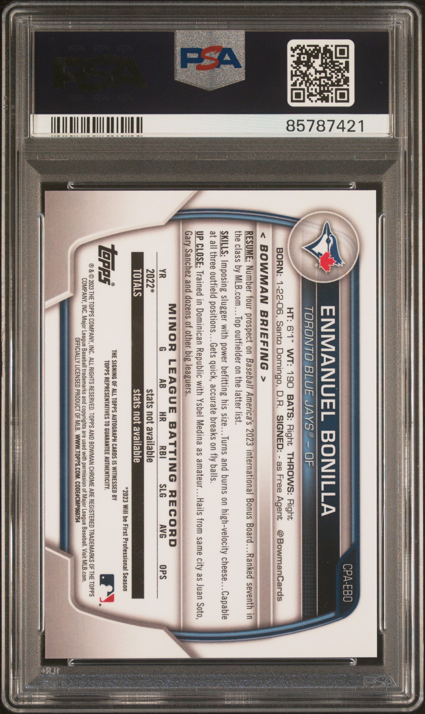 2023 Bowman Chrome Enmanuel Bonilla Prospect Autograph Speckle /299 PSA 10