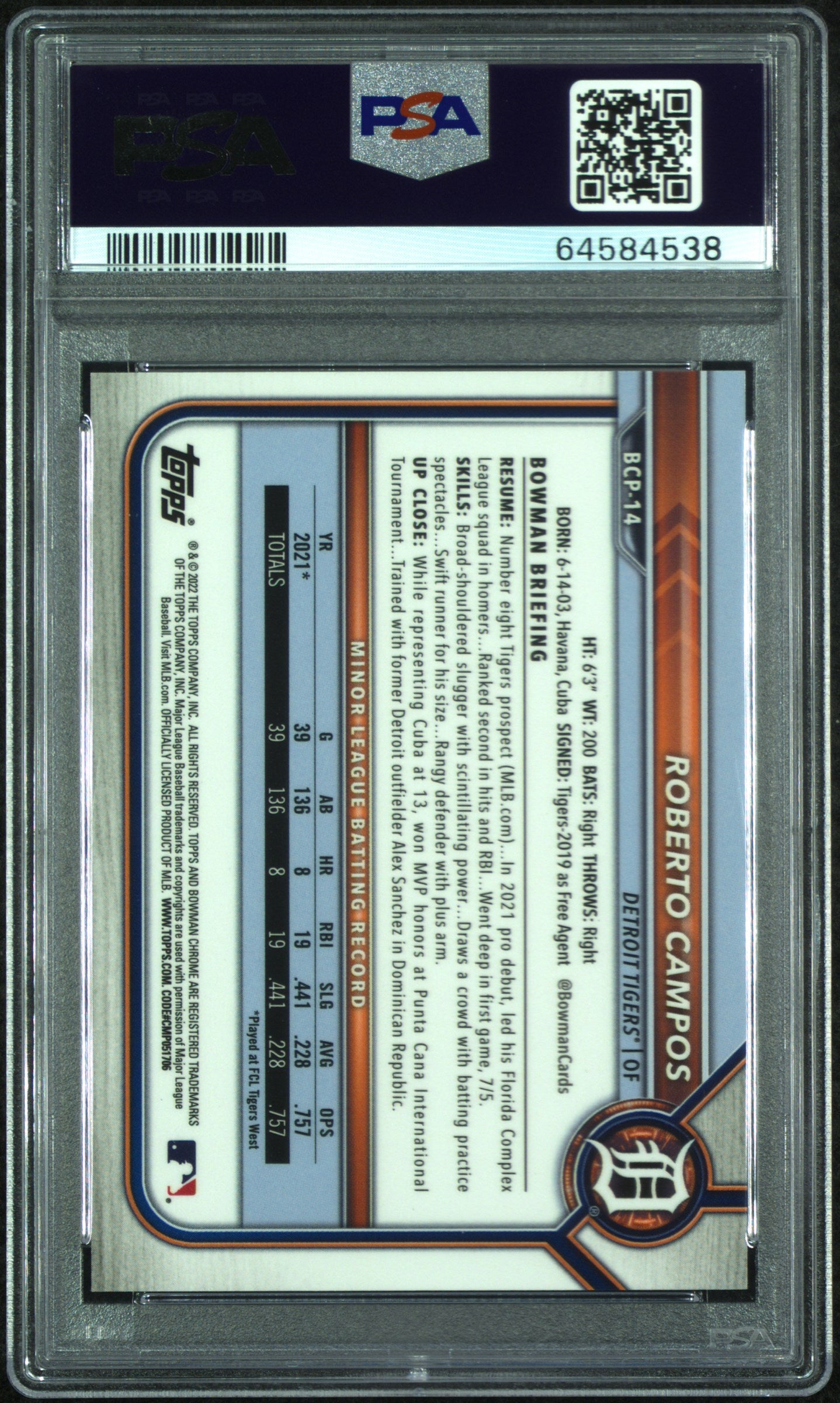 2022 Bowman Chrome Prospects Roberto Campos Gold Shimmer Refractor PSA 10