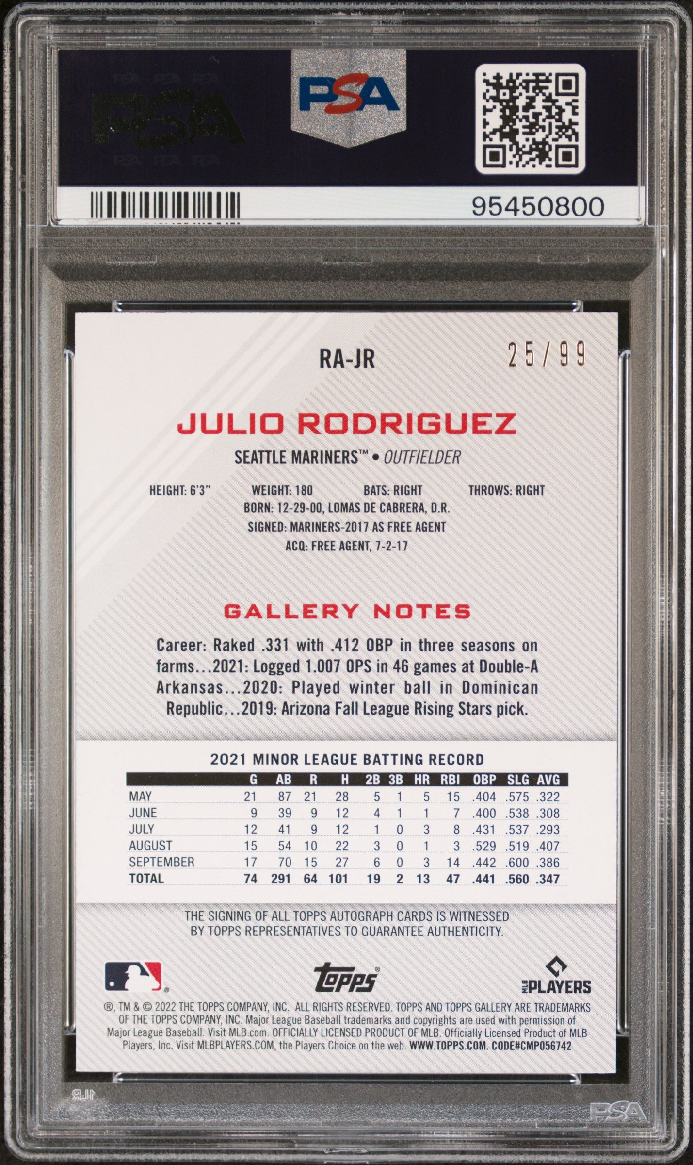 2022 Topps Gallery Julio Rodriguez #RAJR Autograph Green /99 PSA 9